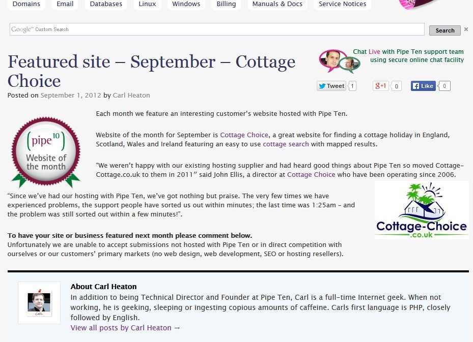 Way back in 2012, one of our websites - cottage-choice.co.uk - was website of the month!
